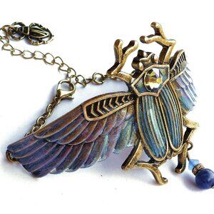 NEW Adjustable Antiqued Gold Scarab Bug Cuff Bracelet with Hand Painted Accents